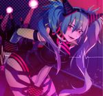  :q aqua_hair fangs hair_ornament hatsune_miku hips long_hair looking_at_viewer mjm_pxv party_junkie_(vocaloid) pink_eyes smile sparkle tongue tongue_out twintails very_long_hair vocaloid 