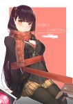  1girl absurdres alternate_costume bangs black_jacket black_legwear blush bound breasts brown_coat brown_skirt closed_mouth coat dinergate_(girls_frontline) embarrassed eyebrows_visible_through_hair girls_frontline gloves hair_ornament hair_ribbon highres jacket large_breasts leg_up long_hair looking_at_viewer necktie one_side_up pantyhose purple_hair red_eyes red_neckwear red_ribbon red_scarf ribbon scarf shirt sidelocks simple_background sitting skirt thighband_pantyhose tied_up tittu underwear very_long_hair wa2000_(girls_frontline) white_shirt 