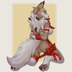  2018 anthro areola blue_eyes bound breasts canine eternity-zinogre female hi_res looking_back lycanroc mammal midday_lycanroc nintendo nipples pawpads pok&eacute;mon pok&eacute;mon_(species) pussy ribbons solo video_games 