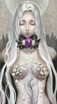  breasts choker closed_eyes feathers gem lips long_hair medium_breasts original solo teffish white_hair 