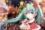  1girl ahoge antlers bell bow capelet carousel castle chinese_commentary christmas christmas_ornaments christmas_tree commentary cream fingernails food fruit fur-trimmed_capelet fur_trim green_eyes green_hair hair_bow hatsune_miku heart holding holding_food long_hair miaorh night night_sky outdoors red_bow red_capelet signature silhouette sky solo stall star star_(sky) starry_sky strawberry twintails upper_body very_long_hair vocaloid wrist_cuffs 