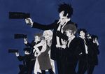  4boys cigarette dominator_(gun) formal ginoza_nobuchika gun kagari_shuusei karanomori_shion kougami_shin'ya kunizuka_yayoi labcoat long_hair masaoka_tomomi monochrome multiple_boys multiple_girls necktie pantyhose pencil_skirt ponytail profile psycho-pass short_hair skirt suit tsunemori_akane weapon 