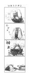 4koma :&lt; :x animal_ears black_legwear blush bunny_ears bunny_tail chibi comic cup ear_pull greyscale head_bump highres jacket kagura_chitose long_hair lying monochrome necktie on_side panties reisen_udongein_inaba shirt skirt solo spilling striped striped_panties table tail teacup thighhighs touhou translated unconscious underwear |_| 