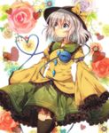  black_legwear blue_eyes blue_flower blue_rose eyeball flower grey_hair hat hat_ribbon heart komeiji_koishi mika_(1020mk) pink_flower pink_rose red_flower red_rose ribbon rose silver_hair sleeves_past_wrists solo squinting thighhighs third_eye touhou white_flower white_rose yellow_flower yellow_rose 