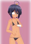  bandages bikini black_bikini black_hair blue_eyes blush chuunibyou_demo_koi_ga_shitai! eyepatch groin looking_at_viewer navel one_side_up smile solo swimsuit takanashi_rikka tan wolflong 