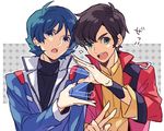  black_hair blue_eyes blue_hair ebira green_eyes gundam gundam_zz hand_gesture jacket judau_ashta kamille_bidan male_focus multiple_boys open_mouth smile uniform v zeta_gundam 