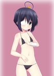  bandages bikini black_bikini black_hair blue_eyes blush chuunibyou_demo_koi_ga_shitai! eyepatch groin looking_at_viewer navel one_side_up smile solo swimsuit takanashi_rikka wolflong 