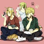  2boys ahoge alphonse_elric animal animal_on_head bad_id bad_pixiv_id blonde_hair blush casual cat cat_on_head edward_elric fullmetal_alchemist heart indian_style kitten mitsu_yomogi multiple_boys on_head one_eye_closed paw_print petting ponytail sitting socks sweatdrop too_many too_many_cats winry_rockbell yellow_eyes 