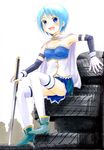  :d armband armpits blue_eyes blue_hair cape gloves highres magical_girl mahou_shoujo_madoka_magica miki_sayaka open_mouth short_hair sitting smile solo sword thighhighs tire watayuki weapon 