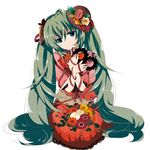  bound hatsune_miku highres japanese_clothes kneeling long_hair marirero_a ribbon solo tied_up twintails vocaloid 