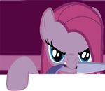  animal_ears equine eyelashes female feral friendship_is_magic hair horse knife low_res mammal my_little_pony pink_background pink_body pink_hair pink_theme pinkamena_(mlp) pinkie_pie_(mlp) pinkmena plain_background pony solo 