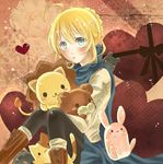  :o ahoge artoria_pendragon_(all) black_legwear blonde_hair blue_scarf blush blush_stickers boots fate/stay_night fate_(series) green_eyes heart pantyhose saber scarf serino_itsuki sitting skirt solo stuffed_animal stuffed_toy 