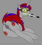  anus blue_hair braid butt cetaceaphile cutie_mark equine eyewear female feral goggles gray_body grey_body hair horn horse looking_at_viewer looking_back lying mammal multi-colored_hair my_little_pony nipples on_side original_character pony presenting presenting_hindquarters pussy red_hair rocket simple_background solo teats terrafirma tongue tongue_out toy two_tone_hair unicorn yellow_eyes 