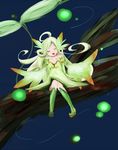  ahoge bangs bare_shoulders blonde_hair blush boots closed_eyes collarbone fairy green_hair long_hair minigirl mon-musu_quest! ono2532 parted_bangs sidelocks sitting skirt smile solo sylph_(mon-musu_quest!) tree_branch wind 