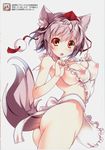  :o absurdres animal_ears apron ass bare_shoulders blush breasts cleavage hat highres inubashiri_momiji large_breasts looking_at_viewer naked_apron nipples non-web_source red_eyes scan short_hair silver_hair simple_background solo tail tokin_hat touhou translation_request white_background wolf_ears wolf_tail yanagi_yuu 