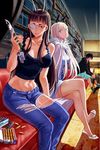  2girls ak-47 assault_rifle bai_hua bare_shoulders black_hair blue_eyes breasts bullet cartridge collarbone cosplay crossed_legs denim eyepatch gun high_heels holding holding_knife jeans jormungand knife large_breasts lips liu_li long_hair looking_at_viewer magazine_(weapon) midriff multiple_girls navel pants red_eyes rifle sanzhuangwangcat school_shock shoes shun_hao_xuan silver_hair sitting tank_top thighhighs torn_clothes torn_jeans torn_pants weapon 