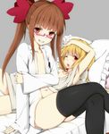  ;o arm_support arm_up armpits bangs bare_shoulders black_legwear blonde_hair blunt_bangs blush bottomless brown_hair clenched_hand collarbone crop_top crossed_legs eyebrows_visible_through_hair flat_chest frilled_pillow frills from_side futaba_anzu glasses grey_background grin hair_ribbon hand_on_own_head holding_arm idolmaster idolmaster_cinderella_girls ikebukuro_akiha indoors labcoat long_hair long_sleeves looking_at_viewer lying midriff miniskirt multiple_girls naked_labcoat naughty_face navel no_bra off_shoulder on_back on_bed one_eye_closed open_clothes open_mouth orange_eyes pen pencil_skirt pillow pink-framed_eyewear pocket ratsuku_kinoko rectangular_eyewear red_eyes red_ribbon ribbon semi-rimless_eyewear shirt short_sleeves sidelocks simple_background sitting skirt sleeves_past_wrists smile thighhighs thighs twintails under-rim_eyewear very_long_hair 