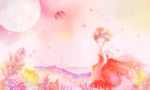  alternate_costume bare_shoulders dress field flower lake looking_at_viewer meiko moon open_mouth petals pink planet plant red_hair short_hair solo strapless strapless_dress vocaloid wind 