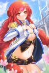  alternate_costume bangs blush braid breasts cleavage day deeple epaulettes holding jacket large_breasts long_hair lowres midriff mother_demon navel orange_eyes outdoors red_hair shorts smile solo swept_bangs sword_girls very_long_hair 