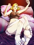  1girl anklet atlus barefoot bed blonde_hair blue_eyes camisole catherine catherine_(game) drill_hair drills feet jewelry legs_up lipstick looking_away lying makeup midriff nail_polish nailpolish navel on_back panties pantyshot pov_feet scamwich skirt soles solo toes underwear 
