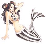  bare_shoulders bikini_top black_hair breasts brown_eyes cleavage flower freckles full_body hair_flower hair_ornament hand_on_own_head ishilly jewelry long_hair medium_breasts mermaid midriff monster_girl navel necklace one_eye_closed one_piece simple_background solo striped_bikini_top striped_tail tail teeth twintails wavy_hair white_background yalhi 