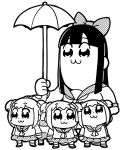  :3 bangs bkub bow clenched_hand commentary eyebrows_visible_through_hair facing_away greyscale hair_bow hair_ornament hair_scrunchie halftone holding holding_umbrella long_hair looking_up monochrome multiple_girls pipimi poptepipic popuko school_uniform scrunchie serafuku shoes short_hair short_twintails sidelocks simple_background skirt twintails two_side_up umbrella white_background 