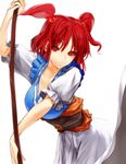  chirigami-san hair_bobbles hair_ornament obi onozuka_komachi red_eyes red_hair sash scythe short_hair simple_background smile solo touhou two_side_up white_background 