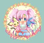  1girl :d alternate_eye_color bad_id bad_pixiv_id blue_background blue_eyes blush creature crossover gen_2_pokemon gift happy_birthday long_hair meredy open_mouth pichu pokemon pokemon_(creature) purple_hair quickie smile tales_of_(series) tales_of_eternia twintails 