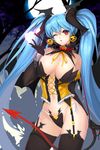  alternate_costume bare_shoulders bat_wings belt black_legwear blown_kiss blue_hair breasts bustier cleavage earrings elbow_gloves full_moon garter_straps gloves heart holding jewelry large_breasts long_hair lowres luthica_preventer midriff moon navel night one_eye_closed outdoors red_eyes resized ribbon snowball22 solo sword_girls tail thighhighs twintails very_long_hair wings 