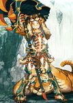  animal_hat asgr bandages claws facial_mark gloves grin gunryuu_sangoku-den hands_on_hips hat highres long_hair midriff polearm silver_hair smile solo spear tiger tiger_hat weapon yellow_eyes 