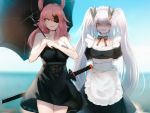  2girls apron arms_behind_back artist_name azur_lane bangs bare_arms bare_shoulders black_bow black_dress black_neckwear black_umbrella blue_sky bow bowtie breasts character_request commentary cowboy_shot day dress ehrrr english_commentary eyebrows_visible_through_hair eyepatch frilled_apron frills hair_between_eyes hair_ornament highres hiyou_(azur_lane) holding holding_umbrella katana large_breasts long_hair looking_at_viewer maid maid_apron maid_headdress multiple_girls open_mouth outdoors pink_hair puffy_short_sleeves puffy_sleeves scabbard sheath sheathed short_sleeves silver_hair sky smile standing strapless strapless_dress sword thighs twintails twitter_username umbrella very_long_hair waist_apron water weapon white_apron yellow_eyes 