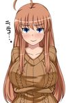  ahoge alternate_hair_length alternate_hairstyle aran_sweater blue_eyes blush breasts brown_hair crossed_arms huge_breasts komusou_(jinrikisha) long_hair ooba_minori original ribbed_sweater simple_background smile solo sweatdrop sweater translated 