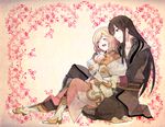  1girl belt black_eyes black_hair boots closed_eyes coat duplicate estellise_sidos_heurassein full_body knee_boots long_hair pants pink_hair sepia_background short_hair sitting sitting_on_lap sitting_on_person smile takumi_(scya) tales_of_(series) tales_of_vesperia yuri_lowell 