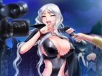  4girls breasts camera cape cleavage cloud clouds erect_nipples eyes_closed fingernails game_cg grey_hair hat huge_breasts large_breasts laughing long_fingernails long_hair majodou marie_marigold microphone multiple_girls nail_polish night open_mouth outdoors sano_toshihide sky standing witch 