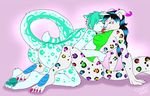  4_toes anthro blue_hair bottomless breasts claws couple duskfall female fur green_hair hair hindpaw horn invalid_tag kneeling lesbian nude paws plain_background plantigrade pusey pussy rave_partycat ravindra sex sierra_starpaw sitting spots toes 