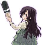  1girl bad_id bad_pixiv_id black_hair blush brown_eyes brown_hair child dress from_behind green_dress height_difference holding_hands koma_(qqq111) kuhouin_murasaki kure-nai layered_dress light_smile long_hair long_sleeves looking_at_viewer looking_back oekaki out_of_frame school_uniform simple_background solo_focus white_background 