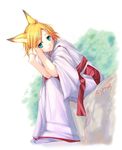  animal_ears blonde_hair cyprus fox_ears green_eyes hair_ornament hairclip hakama japanese_clothes kagamine_rin miko red_hakama short_hair sitting solo vocaloid 