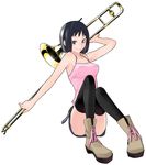  ahoge belt black_eyes black_hair blue_eyes bob_cut boots camisole instrument kishi_touka short_hair skirt solo tank_top thighhighs trombone yasuda_suzuhito yozakura_quartet zettai_ryouiki 