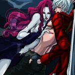  1girl bad_id bad_pixiv_id dante_(devil_may_cry) devil_may_cry devil_may_cry_3 fingernails from_side half-closed_eyes hand_in_pocket henyo hug long_fingernails long_hair long_sleeves looking_at_viewer lowres nevan pale_skin pants pink_hair profile sidelocks silver_hair topless very_long_hair 