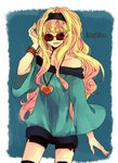  akieru_nomaki bad_id bad_pixiv_id bare_shoulders blonde_hair blue_eyes bracelet curly_hair glasses hairband jewelry long_hair macross macross_frontier necklace sheryl_nome shorts solo sunglasses thighhighs 