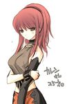  blush breasts elbow_gloves gloves grey_eyes karin_koenig large_breasts midriff ponytail red_hair shadow_hearts shadow_hearts_ii single_elbow_glove single_glove solo translation_request turtleneck vanilla_(nicolla) 