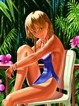  bamboo bamboo_forest blonde_hair blue_eyes braid chair doi_tabasuko flower forest hair_over_shoulder nature one-piece_swimsuit original railing smile solo swimsuit twin_braids 