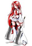  detached_sleeves dual_wielding hatchet holding juon_kiku kei_(keigarou) long_hair lowres nose_hatchet official_art red_eyes red_hair simple_background solo thighhighs very_long_hair vocaloid weapon zettai_ryouiki 