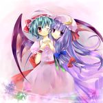  ;) bangs bat_wings blue_bow blunt_bangs blush bow crescent dress hair_bow hat hug jin_rikuri long_sleeves looking_at_viewer mob_cap multi-tied_hair multiple_girls one_eye_closed own_hands_together patchouli_knowledge pink_dress red_bow red_eyes remilia_scarlet sidelocks silver_hair smile touhou wings wrist_cuffs 