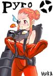  belt blue_fire fire flamethrower forehead gas_mask hair_bun huka jumpsuit orange_hair pink_eyes solo sweat team_fortress_2 the_pyro undressing weapon 