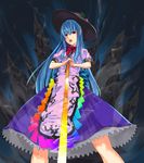  blue_hair food fruit hands_on_hilt hat hinanawi_tenshi long_hair open_mouth peach red_eyes ribbon solo sword sword_of_hisou touhou unasaka_ryou weapon 