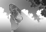  arms_up blurry bracelet cowboy_shot day depth_of_field dress greyscale jewelry light_rays long_hair monochrome original sakuya_tsuitachi solo standing very_long_hair 