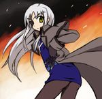  ass belt black_gloves black_legwear blue_dress cinque_(nanoha) dress eyepatch floating_hair from_behind gloves green_eyes long_sleeves looking_at_viewer lyrical_nanoha mahou_shoujo_lyrical_nanoha_strikers numbers_(nanoha) pantyhose silver_hair solo wind 