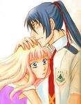  1girl blonde_hair blue_eyes blue_hair chin_rest couple hand_on_another's_head head_rest hetero hug long_hair lowres macross macross_frontier saotome_alto sheryl_nome 