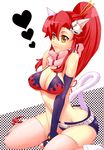  :3 animal_ears bad_id bad_pixiv_id belt bikini_top breast_squeeze breasts cat_ears cat_tail cleavage elbow_gloves fingerless_gloves gloves hair_ornament hairclip heart large_breasts long_hair midriff ponytail red_hair sako scarf short_shorts shorts sitting solo tail tengen_toppa_gurren_lagann thighhighs yellow_eyes yoko_littner 